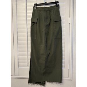 Local European Olive Green Cargo Maxi Skirt Side Slit Frayed Raw Hem Size XS